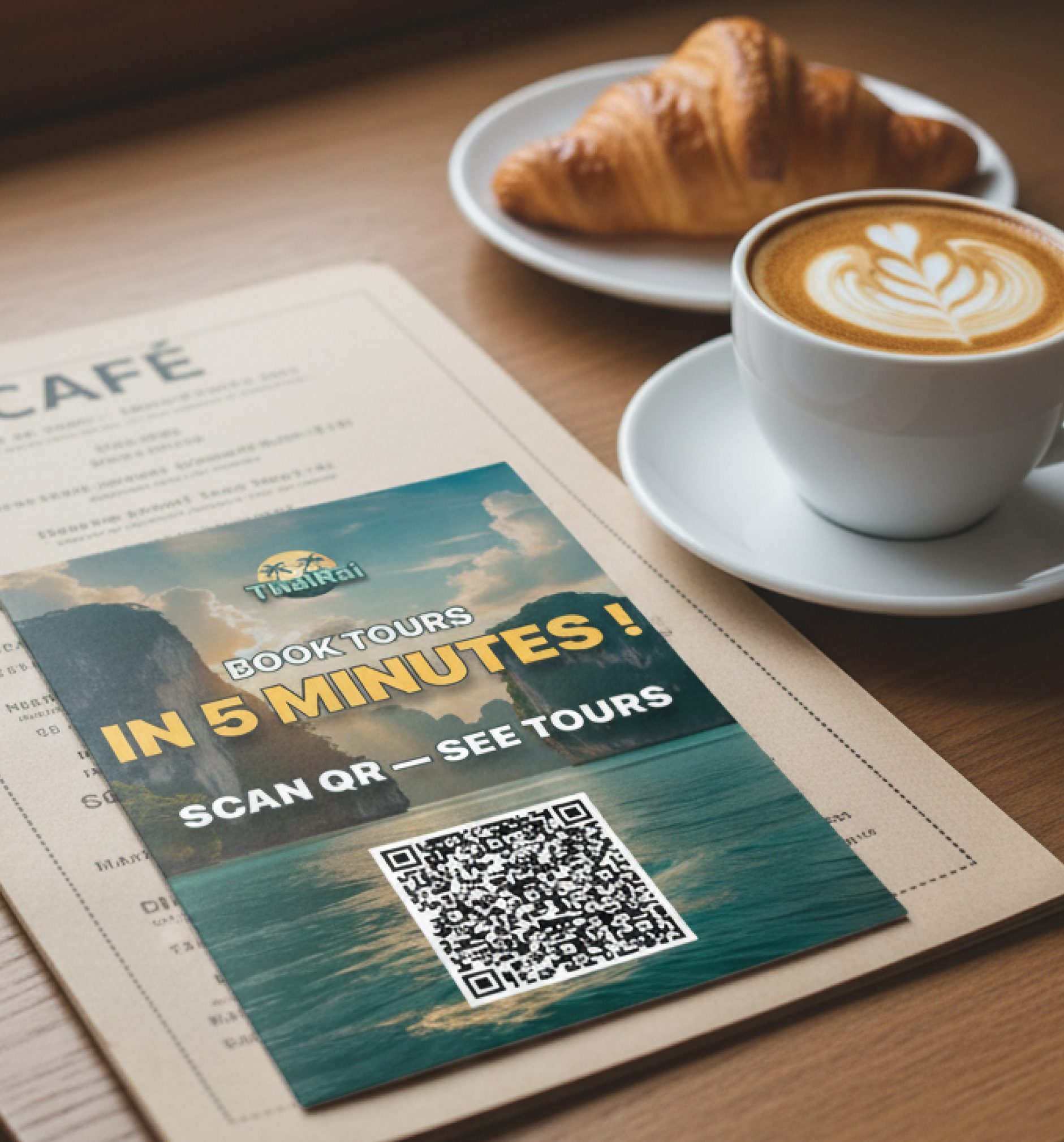 Woman scanning QR code at cafe table